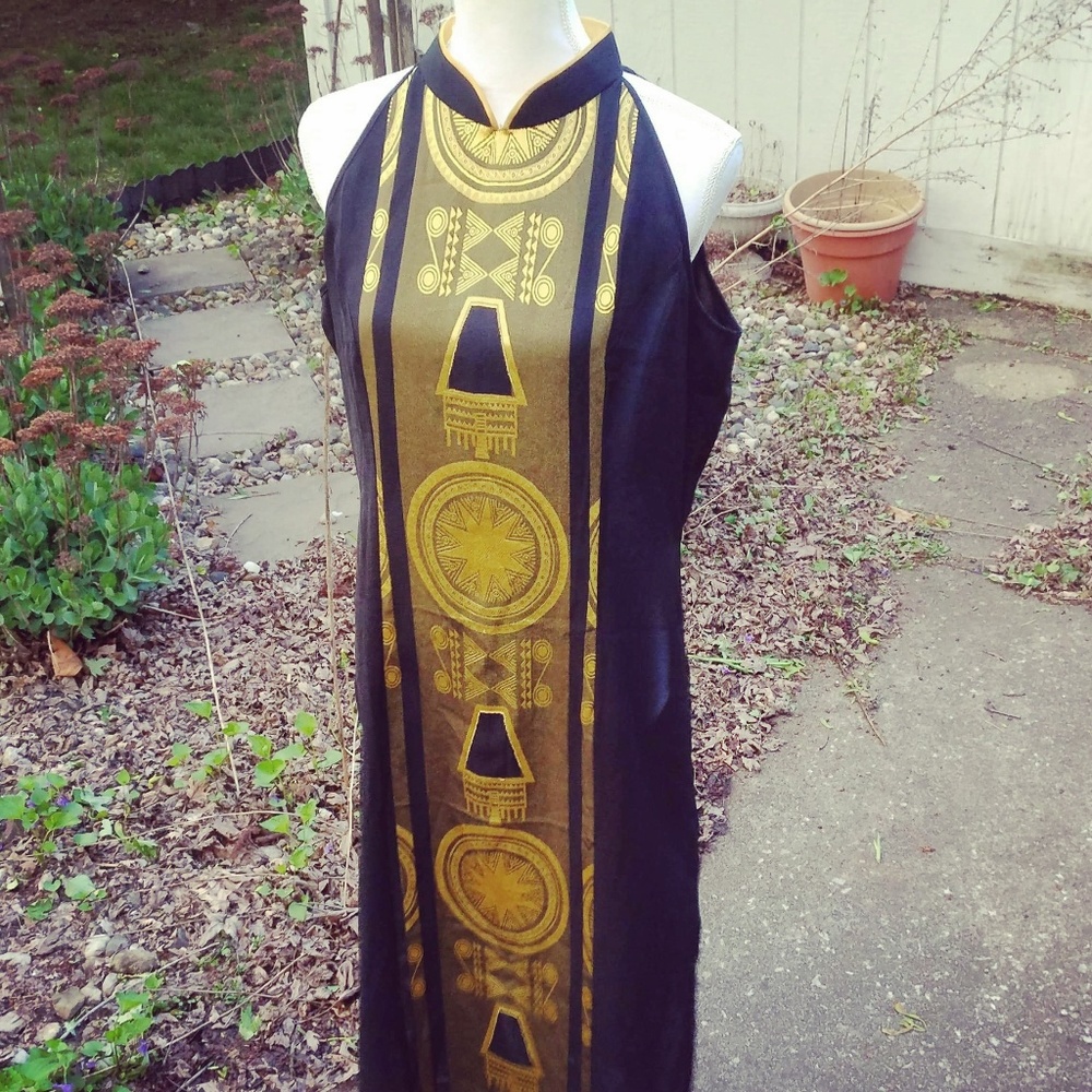 Vintage French 1960s French Sheer Black Gold Dress